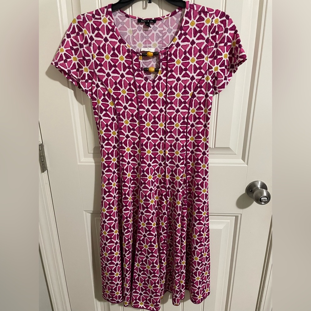 Sami & Jo Pink Geometric Floral Fit-and-Flare Dress with Yellow Accents